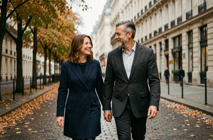 Couple se promenant dans les rues de Paris en automne, évoquant la discrétion et la vie privée d'une personnalité publique