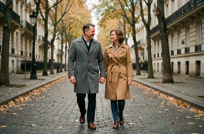 Couple élégant se promenant dans une rue parisienne en automne, évoquant complicité et vie de famille