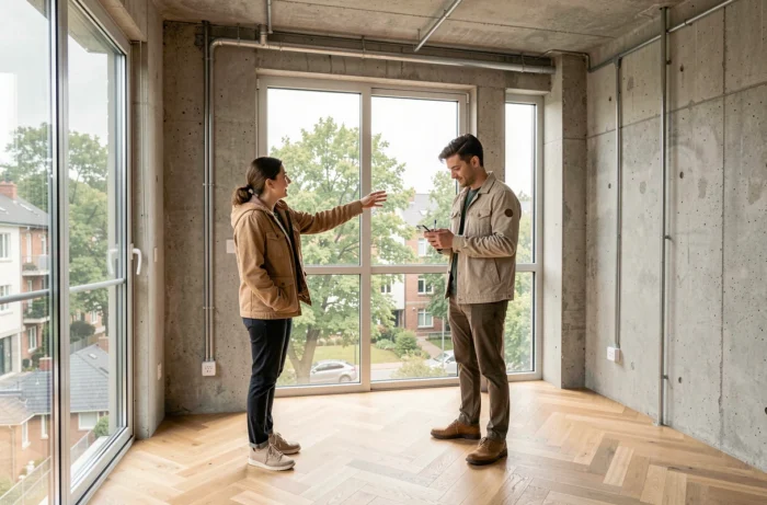 Jeune couple visitant un appartement moderne à vendre avec parquet en chêne et fenêtres panoramiques