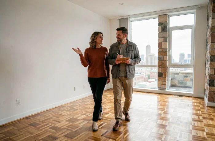 Couple visitant un appartement à vendre avec vue sur la ville lors d'une visite immobilière