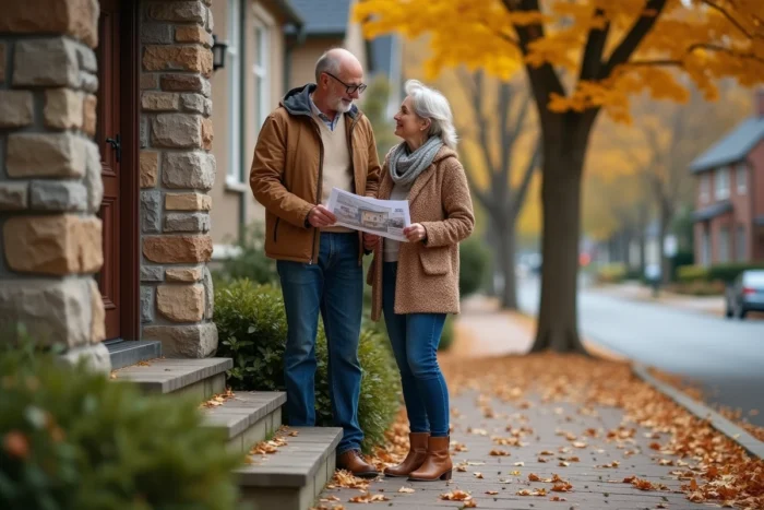 Couple étudiant une maison à vendre dans une rue résidentielle en automne avec des annonces immobilières