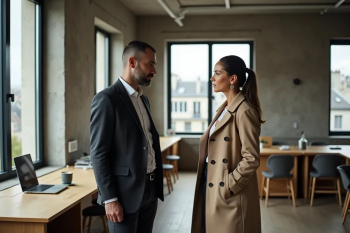 Deux professionnels en réunion dans un espace de coworking moderne à Paris