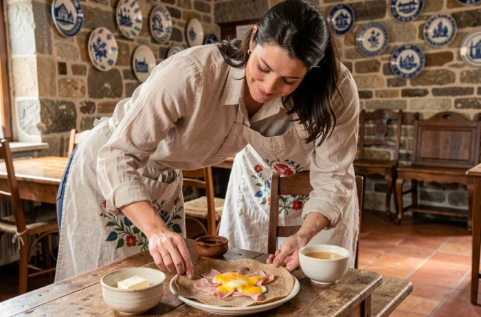 Femme servant une galette de sarrasin bretonne dans une crêperie traditionnelle en pierre à Quimper