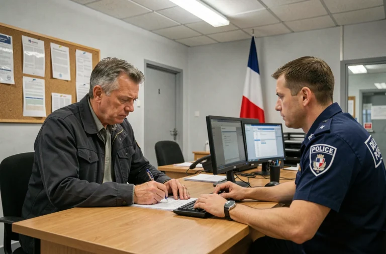 Homme déposant une déclaration de vol auprès d'un policier dans un commissariat français