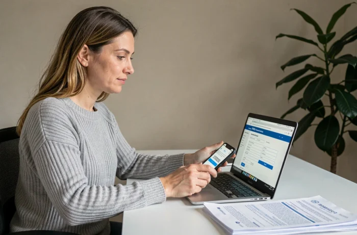 Femme remplissant une déclaration de vol en ligne sur un ordinateur portable à domicile