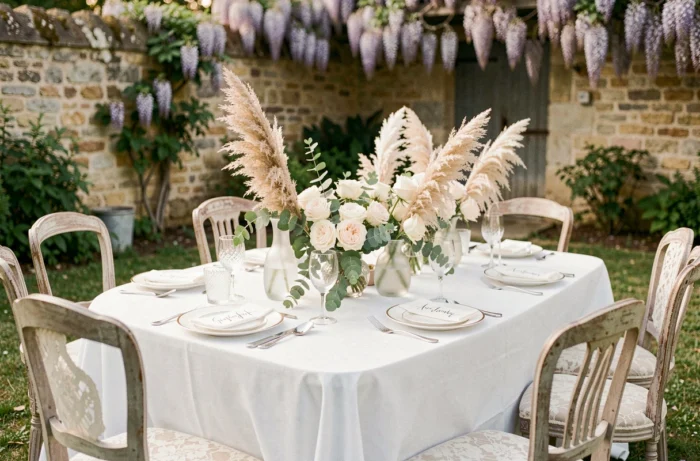 Table de mariage décorée en plein air avec des roses ivoire, de l'eucalyptus et de la vaisselle dorée vintage dans un jardin de campagne française
