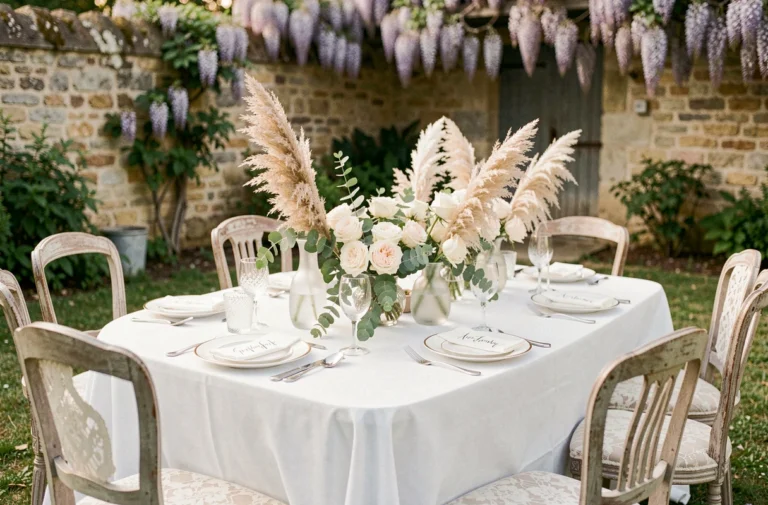 Table de mariage décorée en plein air avec des roses ivoire, de l'eucalyptus et de la vaisselle dorée vintage dans un jardin de campagne française