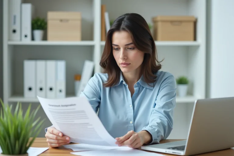 Femme consultant des documents pour une demande de visa français à son bureau à domicile