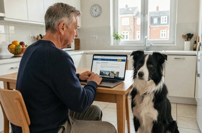 Homme effectuant les démarches administratives en ligne pour changer le nom du propriétaire de son chien sur un site gouvernemental