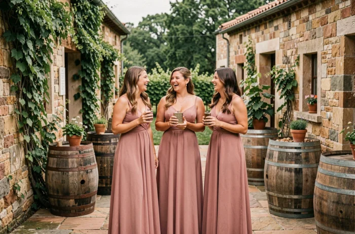 Trois demoiselles d'honneur en robes roses tenant des flacons décorés dans un vignoble rustique, tendance broc shot lors d'un mariage en plein air