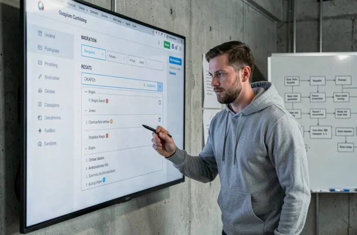 Un designer UX présente la maquette de navigation d'un site web sur un grand écran dans un studio de conception moderne