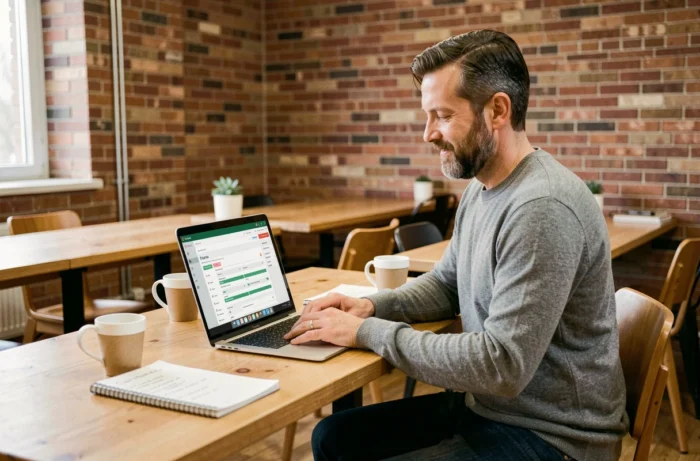 Développeur masculin configurant un hébergement web via cPanel dans un espace de coworking