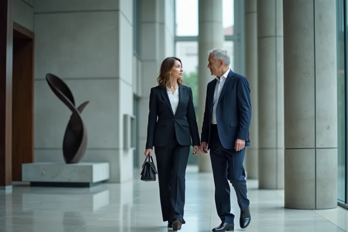 Deux dirigeants d'entreprises du CAC 40 en discussion dans le hall moderne d'un grand siège social parisien