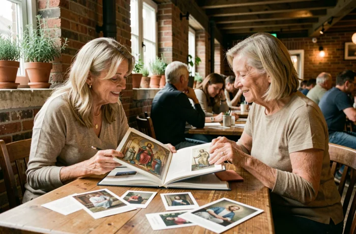 Deux femmes passionnées discutant d'un livre sur l'iconographie des saints catholiques dans un café parisien, illustrant l'influence culturelle moderne de la hagiotomamophilie et de la vénération des saints