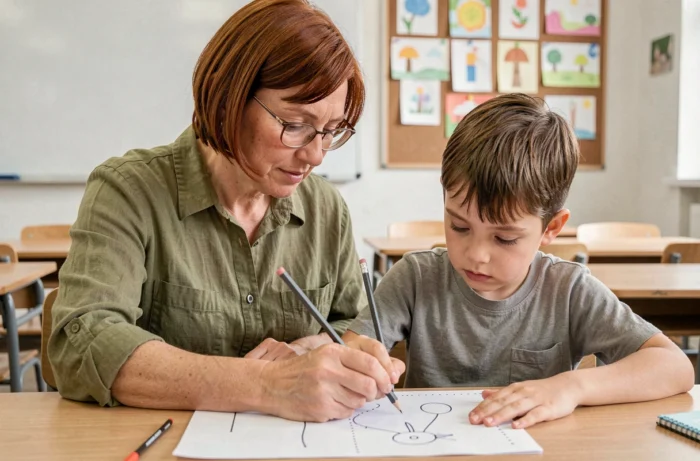Une enseignante aidant un jeune élève à tracer des formes avec un crayon graphite dans une salle de classe