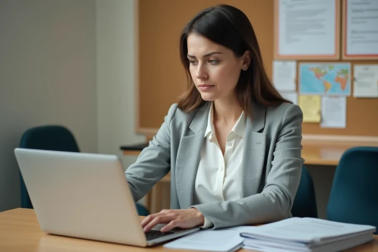 Enseignante consultant sa messagerie académique Orléans-Tours sur un ordinateur portable dans un bureau scolaire