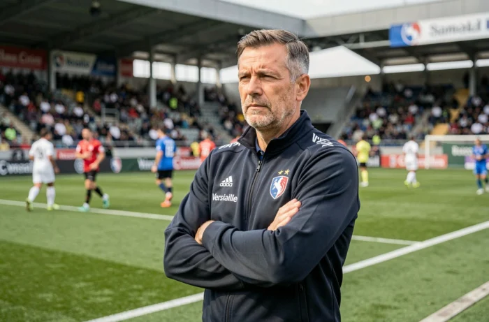 Entraîneur du FC Versailles en observation tactique sur le bord du terrain lors d'un match de National 2026