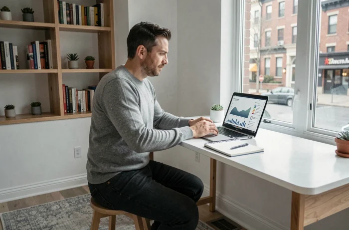 Entrepreneur analysant un rapport de croissance sur ordinateur portable dans un bureau à domicile minimaliste