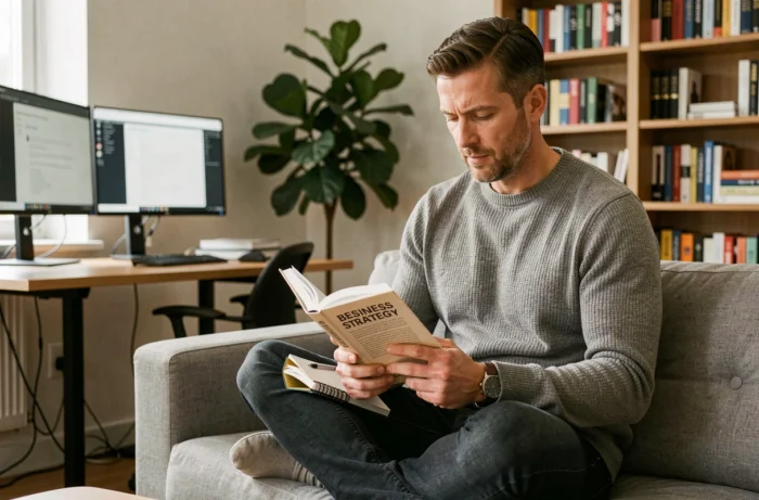 Entrepreneur lisant une ressource business stratégique dans un espace de travail à domicile organisé
