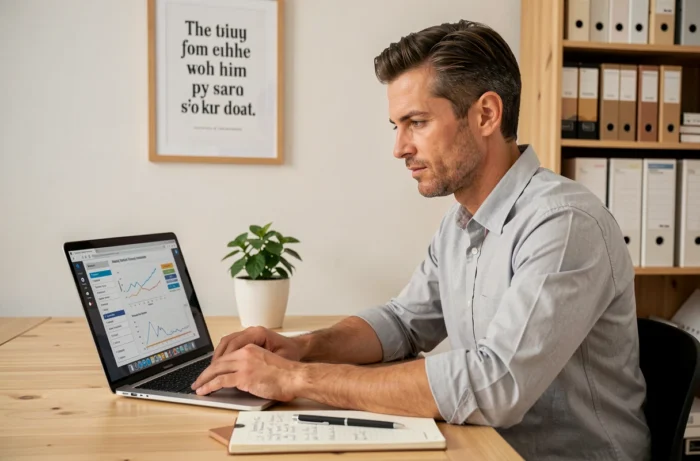 Entrepreneur concentré sur l'élaboration de son plan d'affaires depuis son bureau à domicile