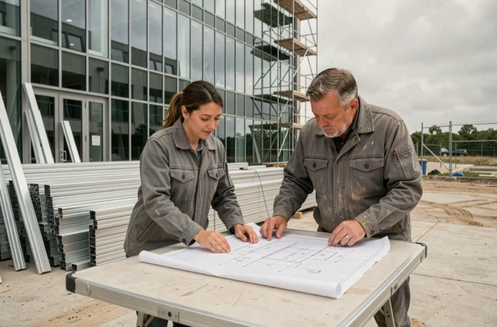 Deux artisans spécialisés en aluminium étudiant des plans techniques sur un chantier commercial