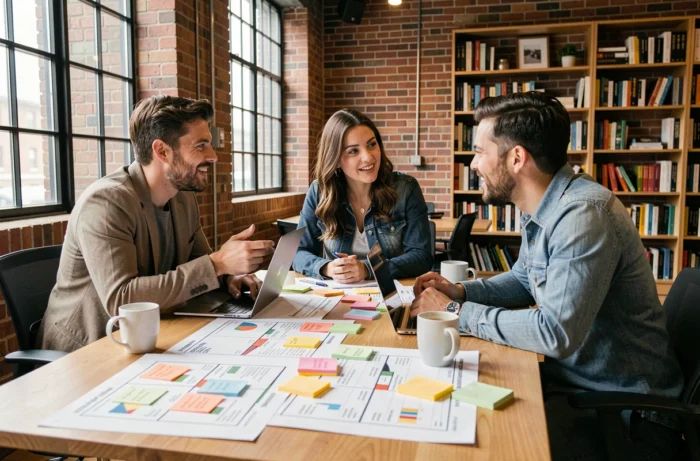 Équipe d'entrepreneurs collaborant sur un business model canvas dans un espace de coworking