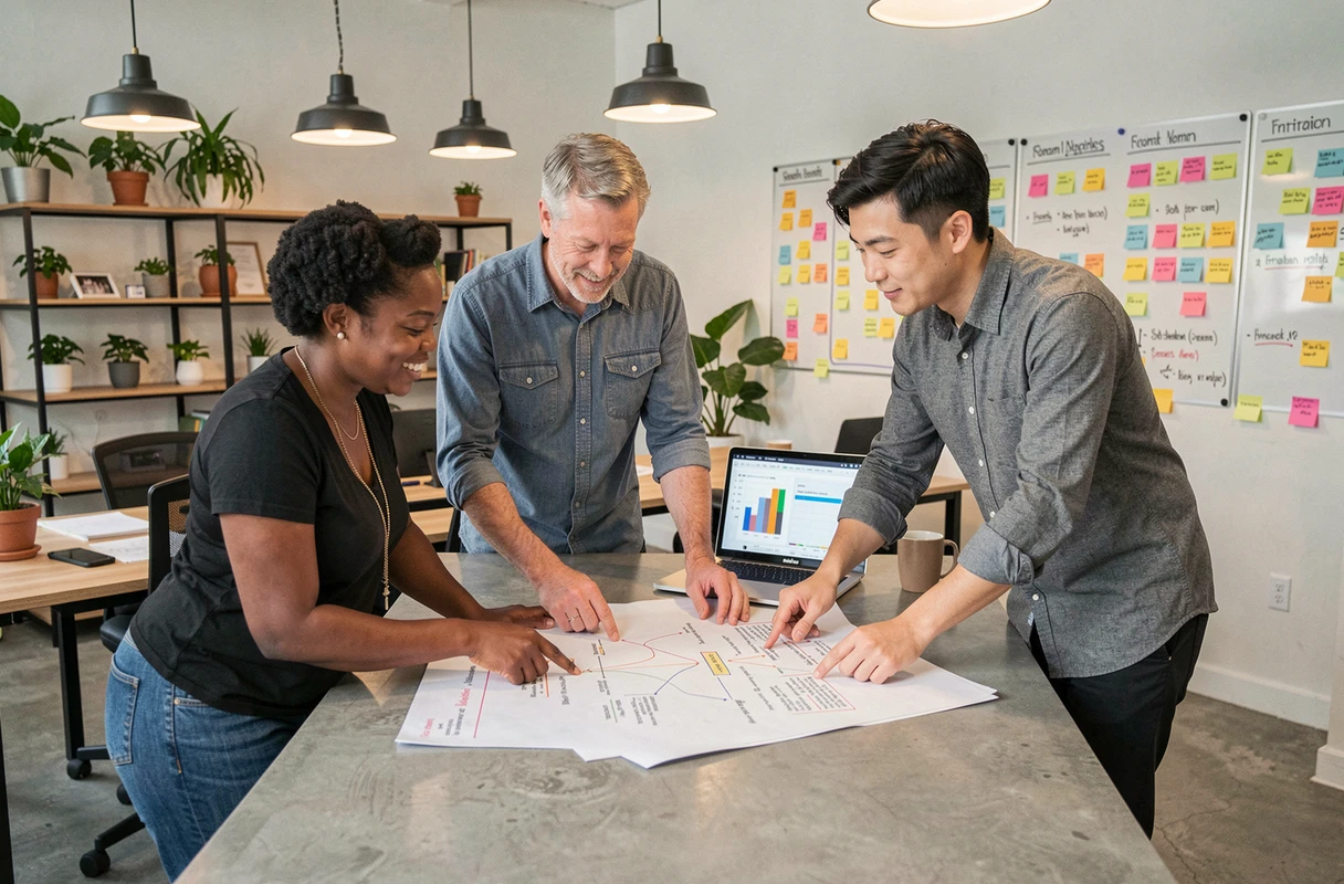 Équipe diversifiée d'entrepreneurs collaborant sur un plan de financement de projet dans un bureau de startup