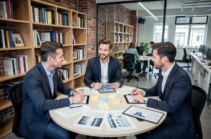 Équipe professionnelle partageant des ressources business lors d'une réunion collaborative en co-working