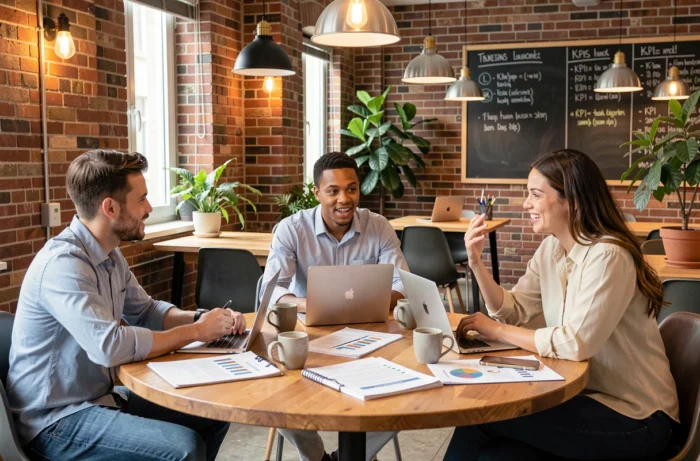 Équipe de professionnels en réunion autour d'une table pour définir une stratégie de croissance d'entreprise