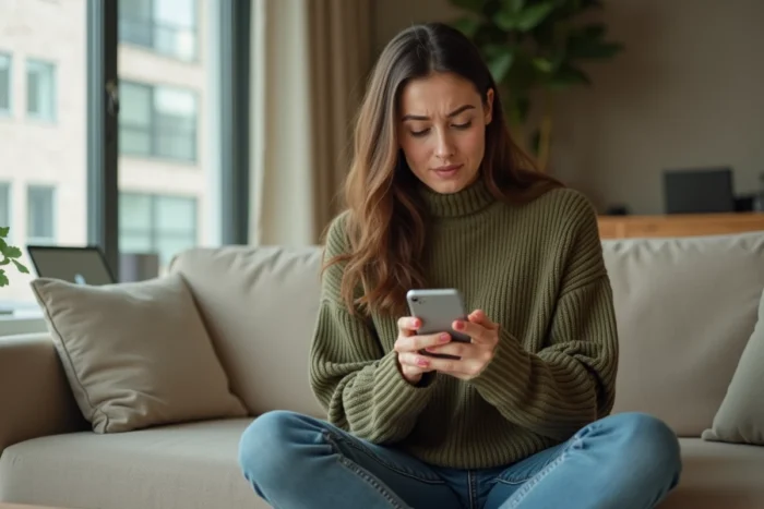 Jeune femme consultant une erreur de connexion à sa messagerie académique sur smartphone