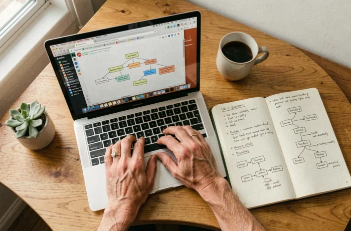 Vue de dessus d'un espace de travail avec laptop affichant une architecture de site web et un carnet de notes UX manuscrit