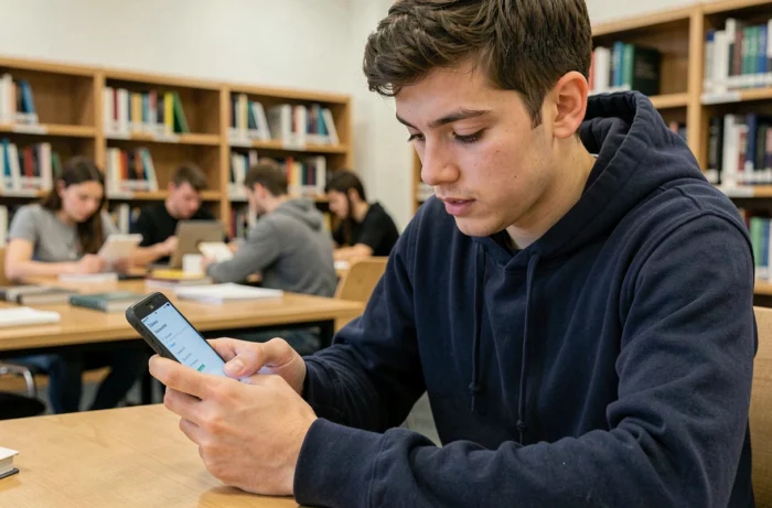 Étudiant universitaire configurant sa messagerie INSA Rouen sur smartphone Android dans une bibliothèque