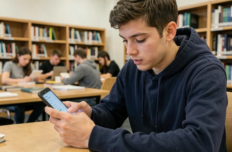 Étudiant universitaire configurant sa messagerie INSA Rouen sur smartphone Android dans une bibliothèque