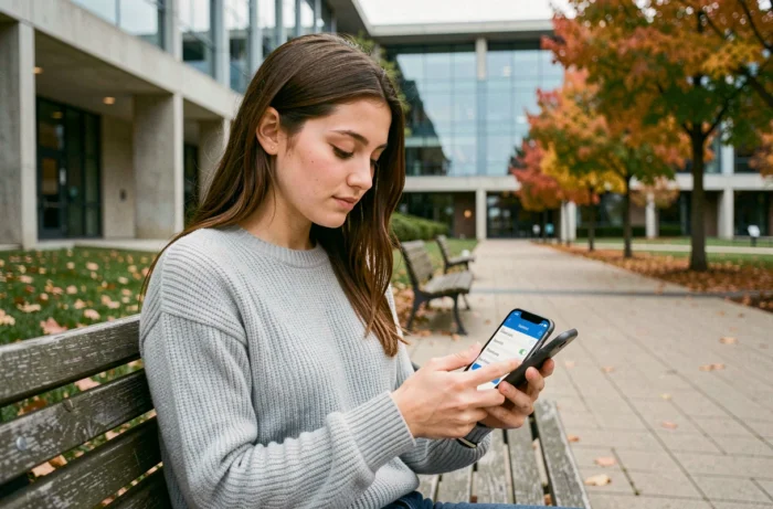 Étudiante configurant sa messagerie universitaire sur iPhone en extérieur sur le campus de l'INSA Rouen