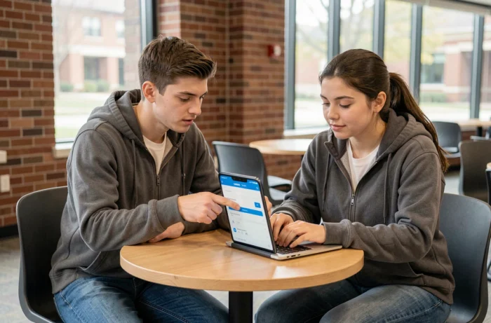 Deux étudiants configurant ensemble la messagerie INSA Rouen sur smartphone dans une salle commune du campus