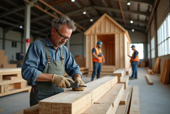 Artisan assemblant le cadre en bois d'une tiny house dans un atelier de fabrication français