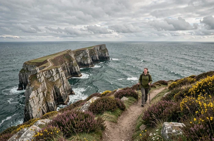 Randonneuse sur les falaises de la Pointe du Raz en Bretagne avec landes de bruyère et océan Atlantique