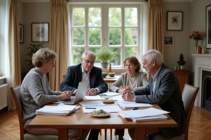 Famille adulte réunie autour d'une table pour discuter d'un héritage et de la répartition d'un patrimoine familial dans une maison bourgeoise
