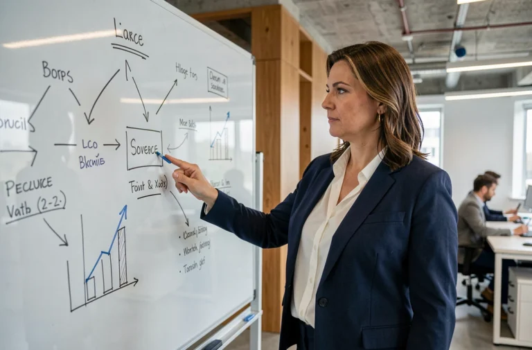 Femme d'affaires présentant un modèle d'entreprise stratégique sur un tableau blanc dans un bureau moderne