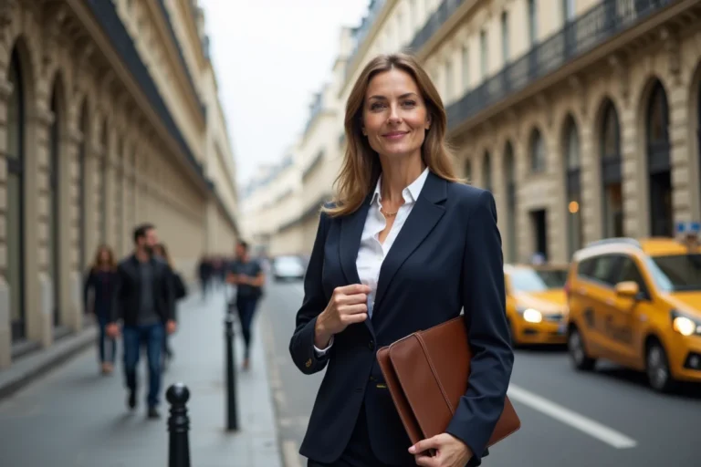 Femme d'affaires devant un immeuble haussmannien à Paris tenant un portfolio en cuir