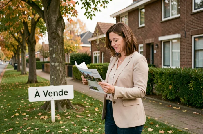Femme consultant une annonce immobilière devant une maison à vendre dans un quartier résidentiel calme