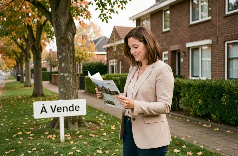 Femme consultant une annonce immobilière devant une maison à vendre dans un quartier résidentiel calme