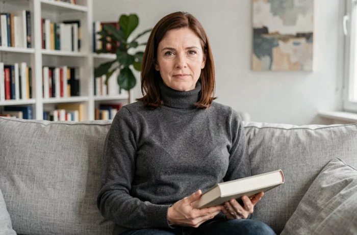 Femme posant dans un appartement parisien moderne, symbolisant la discrétion et les mystères de la vie privée d'une célébrité