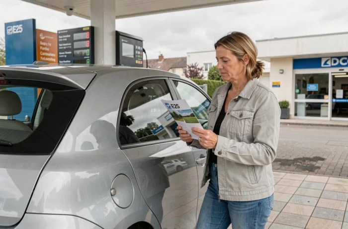 Femme consultant une brochure sur le carburant E25 à côté de sa voiture en station-service