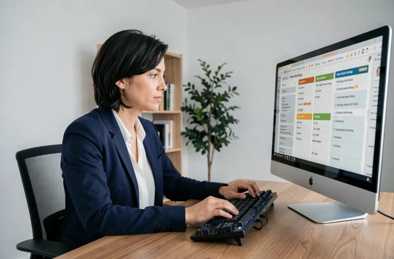 Femme professionnelle comparant des offres d'hébergement web sur un écran d'ordinateur dans un bureau moderne