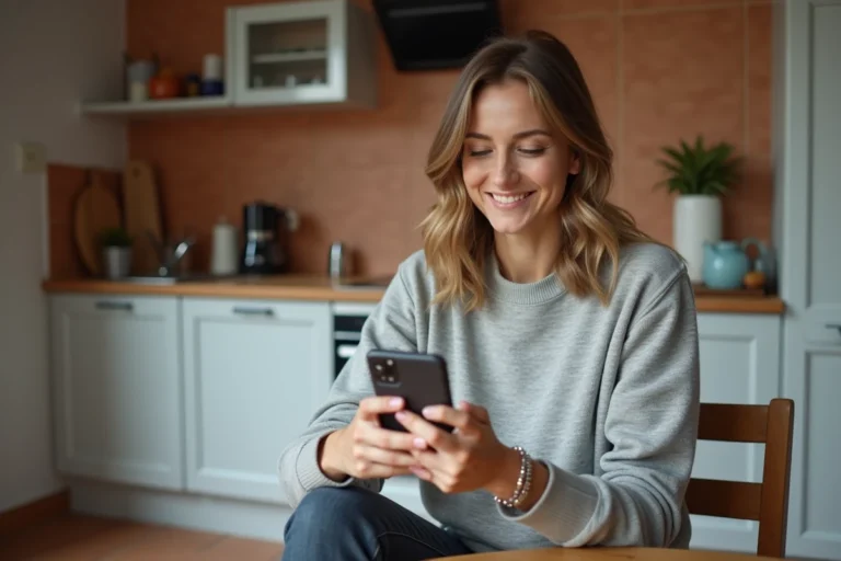 Femme gérant ses commandes habillement La Poste sur smartphone depuis sa cuisine