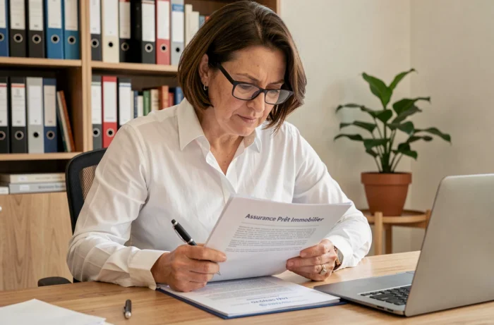 Femme consultant un contrat d'assurance prêt immobilier à son bureau à domicile