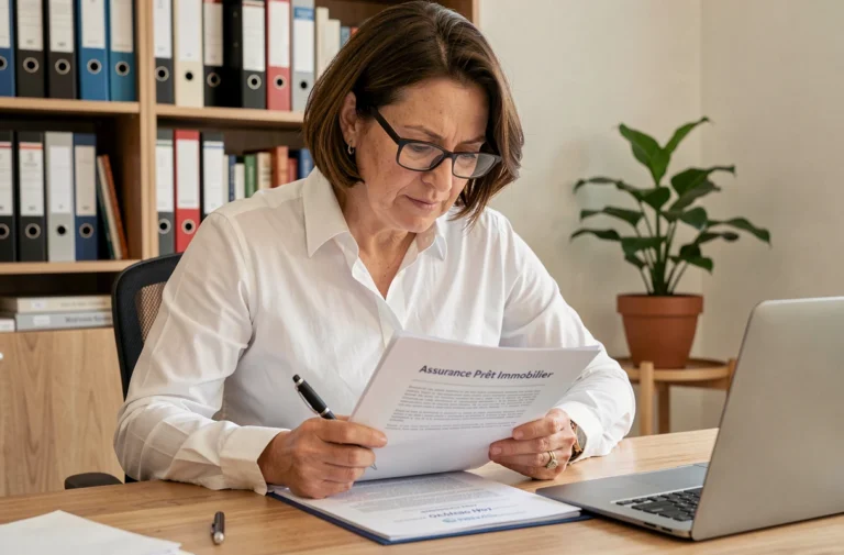 Femme consultant un contrat d'assurance prêt immobilier à son bureau à domicile