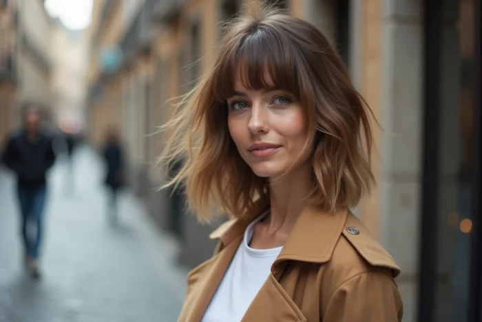 Femme portant une coupe tiper en couches avec une frange rideau, photographiée en extérieur dans une rue urbaine en automne
