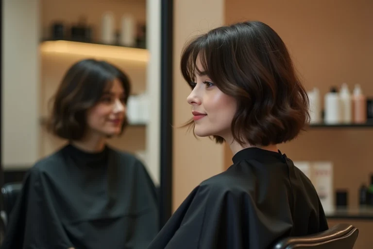 Femme aux cheveux courts en coupe tiper assise dans un fauteuil de salon de coiffure moderne, reflétée dans un miroir